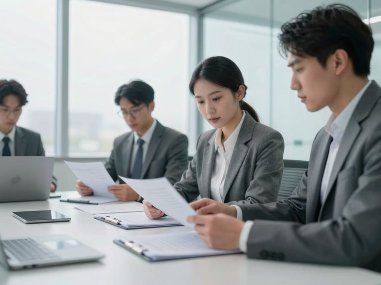 A collaborative meeting in a bright glass-walled room, focused professionals analyzing structured documents, soft overcast daylight, slate gray tones.