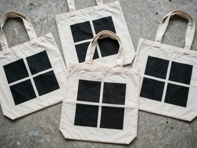 Flat lay of canvas tote bags with bold black graphic prints on raw concrete, soft overcast daylight
