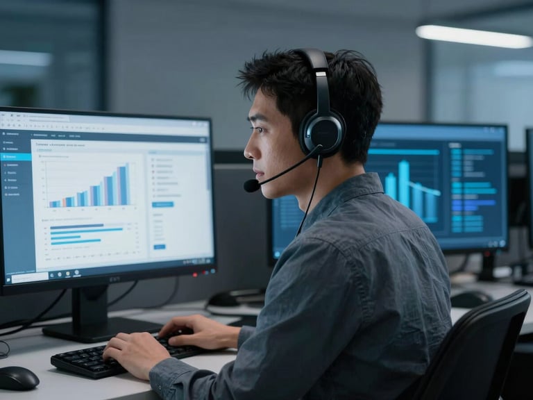 Agente de call center con auriculares profesionales, frente a dos pantallas mostrando gráficos de ventas y un CRM, con iluminación de oficina moderna y tonos azulados.