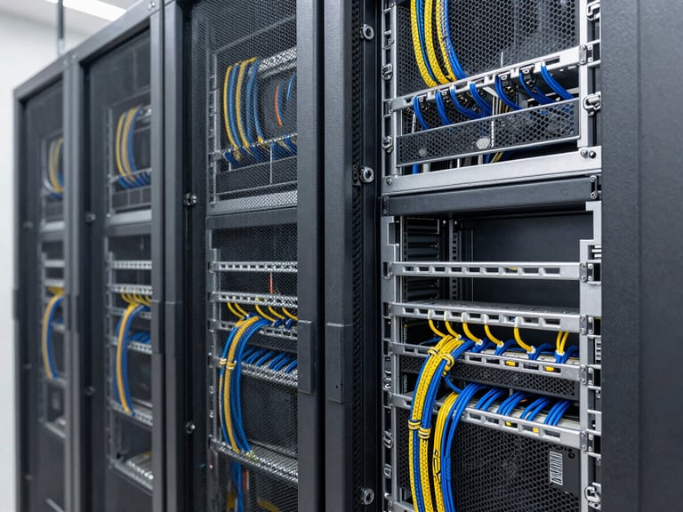 Neatly organized server rack with color-coded, combed structured cabling, crisp focus, architectural lighting.