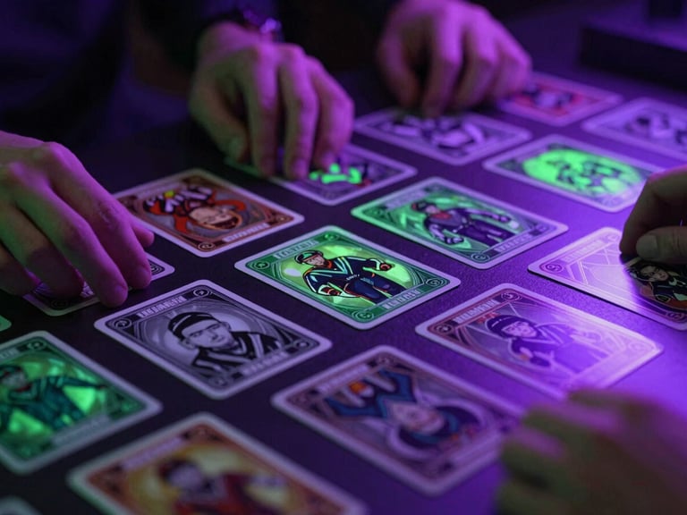Close-up of trading cards laid out on a dark table under electric purple and neon green neon lights, players hands visible in soft focus.