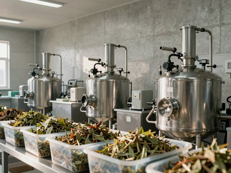 Wide environmental shot of a herbal manufacturing facility interior — stainless processing equipment along a concrete wall under bright north-facing daylight, raw botanical material in open containers on a workbench in the foreground, no people present, neutral background