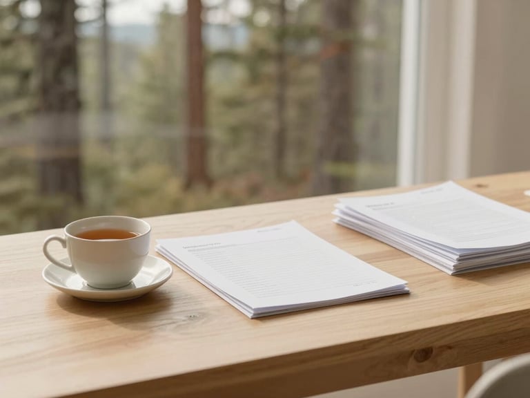 A warm editorial photograph of soft northern daylight illuminating a clean, elegant wooden desk with a ceramic cup of tea and neatly stacked documents, soft focus background of Laurentian trees.