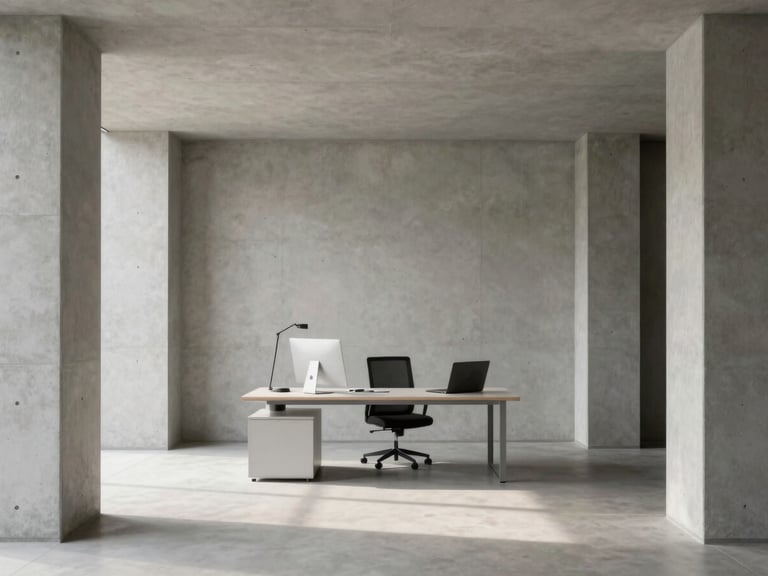 Minimalist editorial photography, soft diffused daylight, architectural concrete lines, professional organized workspace with a clean desk and structural shadows, 35mm lens.