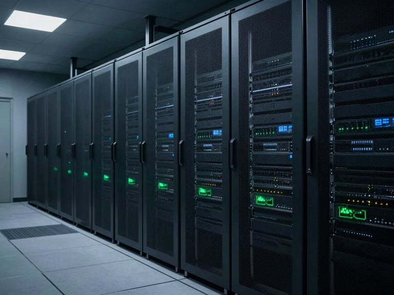 Cool editorial technology photography of a high-scale server control room, low-key ambient lighting, deep slate and sharp teal accents, cinematic wide-angle lens