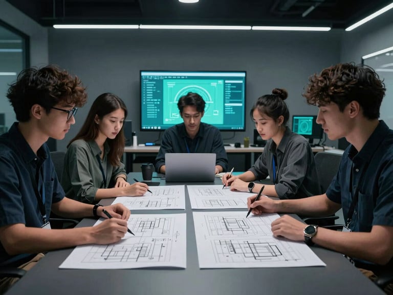 Real engineering team collaborating over complex digital schematics in a modern clean technical space, cool ambient lighting, high-contrast