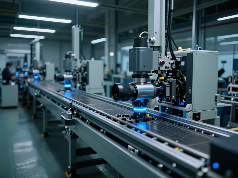 High-scale industrial automated assembly line, cool low-key ambient light with sharp blue accent lighting, cinematic wide-angle lens