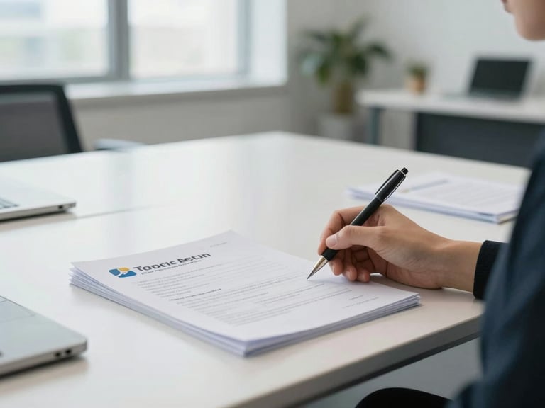 A clean, bright corporate office training room with professional onboarding materials and documents on a white desk, natural daylight, professional environment.