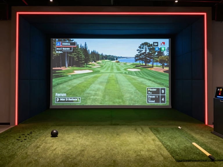 Wide shot of a premium indoor golf simulator screen displaying Pebble Beach golf course. Neon red accent lines framing the enclosure, deep midnight blue shadows, high-fidelity projection.