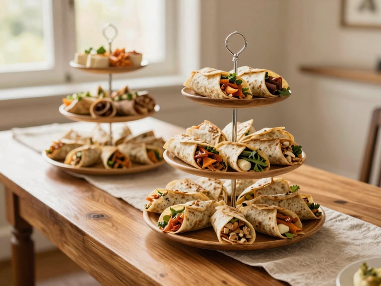 An elegant wooden catering table with tiered platters of assorted gourmet wraps, linen runner, warm daylight filtering through windows