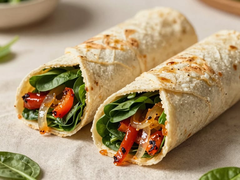 Close-up of freshly rolled artisan wraps sliced in half on a light linen surface, showing vibrant green spinach, roasted peppers, and caramelized onions, warm natural daylight from the side