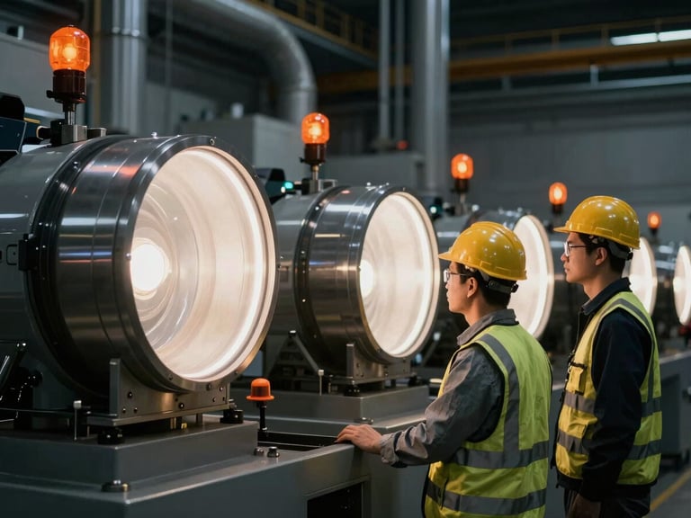 Engineers in a clean industrial plant inspecting heavy machinery, sharp rim lighting on equipment, dark moody background, orange safety lights, 50mm.