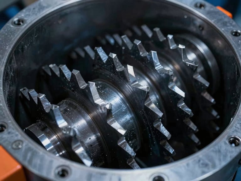 Macro shot of hardened steel pulverizer blades inside a heavy-duty chamber, sharp metallic edges, dark background with cool blue-gray tones, 50mm