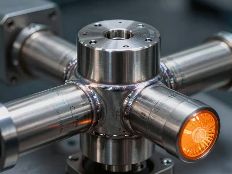 Close-up of a precision-welded stainless steel mill housing, technical calibration markings, orange indicator light reflecting on steel, 50mm