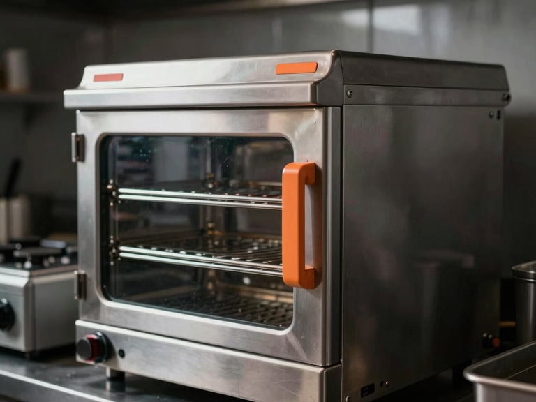 Detailed shot of an enterprise kitchen setup, focus on stainless steel steaming equipment, dark moody background, 50mm.