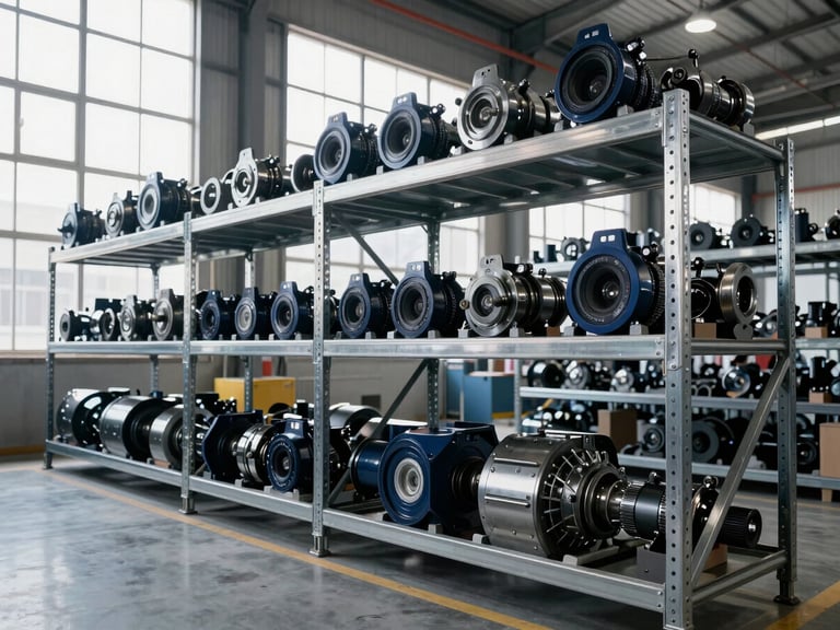 Wide angle of clean organized industrial warehouse with heavy machinery parts on tall steel racks, cool daylight pouring from high windows