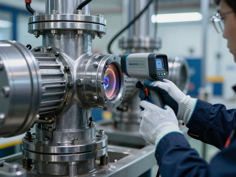 Close-up of industrial technician in safety gloves using a thermal camera on a complex steel pump system, cool metallic lighting, sharp reflections