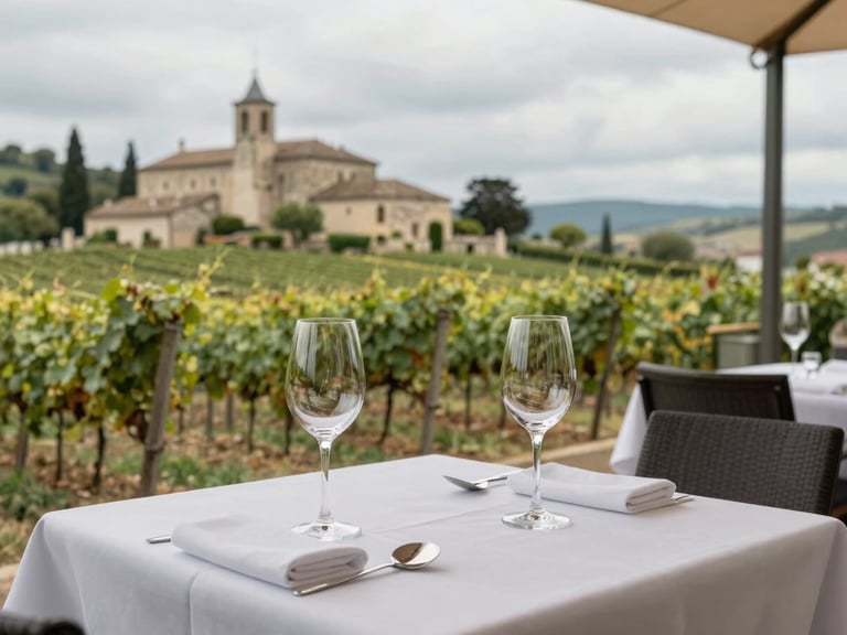 Outdoor terrace restaurant table set for two overlooking a vineyard valley in the Rhône, natural overcast light, empty wine glasses catching diffused sky, regional stone architecture in background