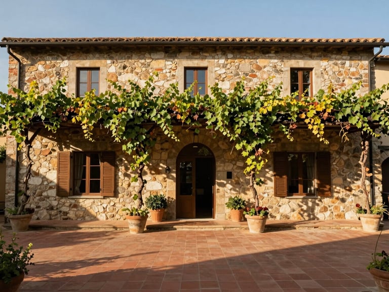 Stone-walled boutique hotel courtyard in a Tuscan wine village, afternoon light falling across terracotta tiles, vine-covered archway framing the entrance, no people present