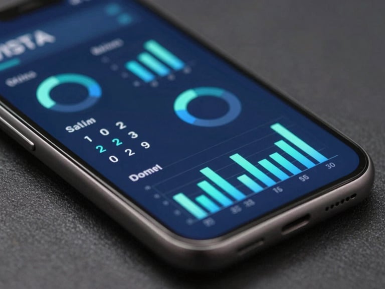 Vista isométrica de un dispositivo móvil mostrando un panel analítico de ventas con gráficos brillantes en tonos azul eléctrico y cian.