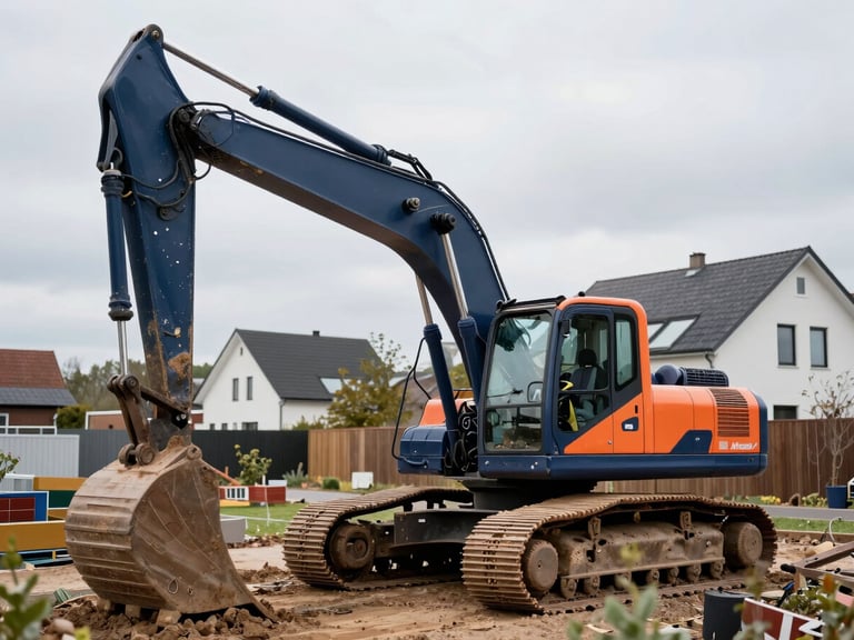 An excavator operating in a residential garden in Zealand, professional civil engineering, crisp overcast daylight, navy and orange accents, 35mm lens