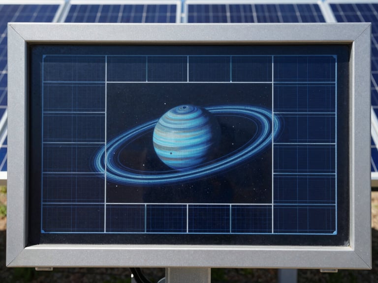 Close-up of a digital monitoring interface displaying solar system performance data, high-contrast blue and slate tones, crisp architectural framing, 35mm