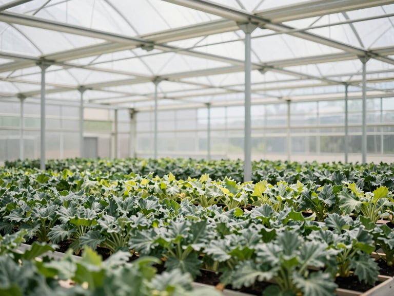 Wide environmental shot of a structured commercial greenhouse interior, bright diffused daylight casting soft shadows over rows of crops, clean zinc-grey structural frames.
