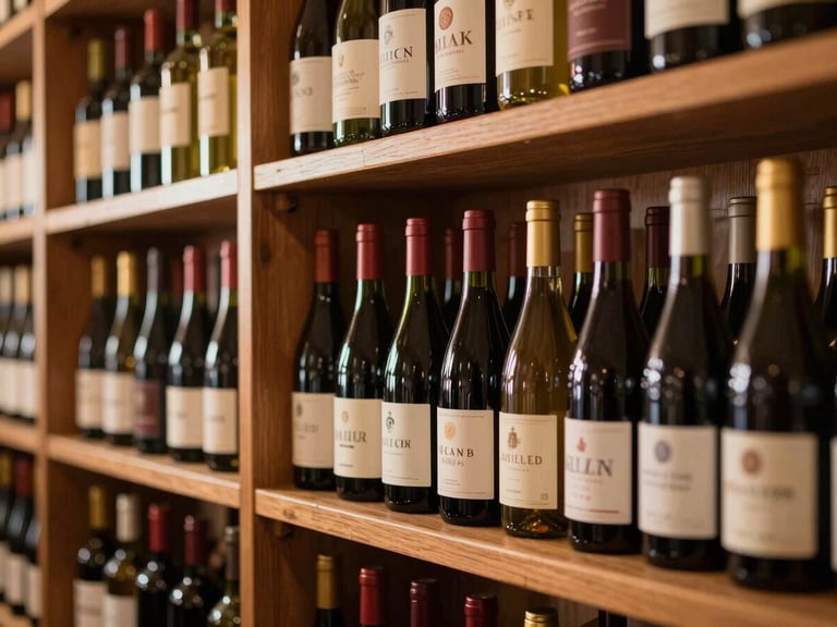 Editorial shot of neat wooden shelves stacked with diverse wine bottles in a cozy local cellar, warm brass accents catching light, shallow depth of field, 35mm.
