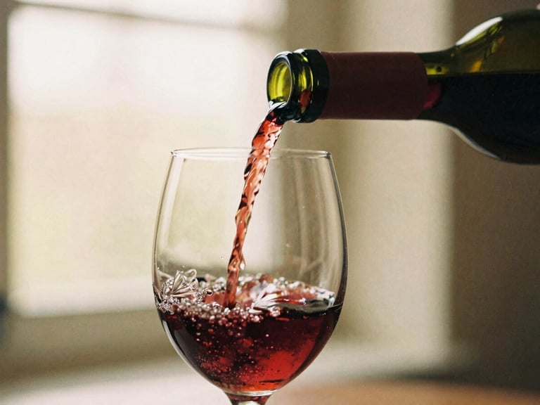 Warm editorial close-up of wine pouring from a dark glass bottle into a crystal glass, soft golden-hour light, shallow depth of field, rich bordeaux and cream tones, 35mm.