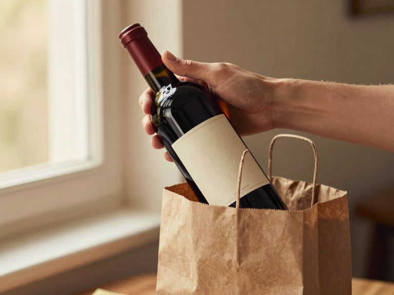 Editorial shot of hands placing a classic wine bottle with a clean cream label into a rustic paper bag, warm ambient window light, shallow depth of field, 35mm.
