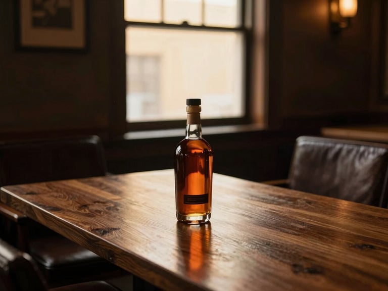 Wide atmospheric shot of an intimate, dark leather-and-wood tasting room, warm golden-hour window light illuminating a single bottle of bourbon on a heavy oak table, soft focus, sophisticated mood