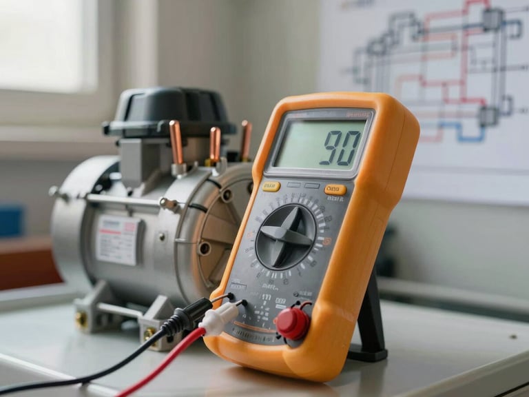 Close-up of a digital multimeter testing the copper terminals of a modern refrigerator compressor, bright natural workshop lighting, shallow depth of field, technical schematic lines visible in background.