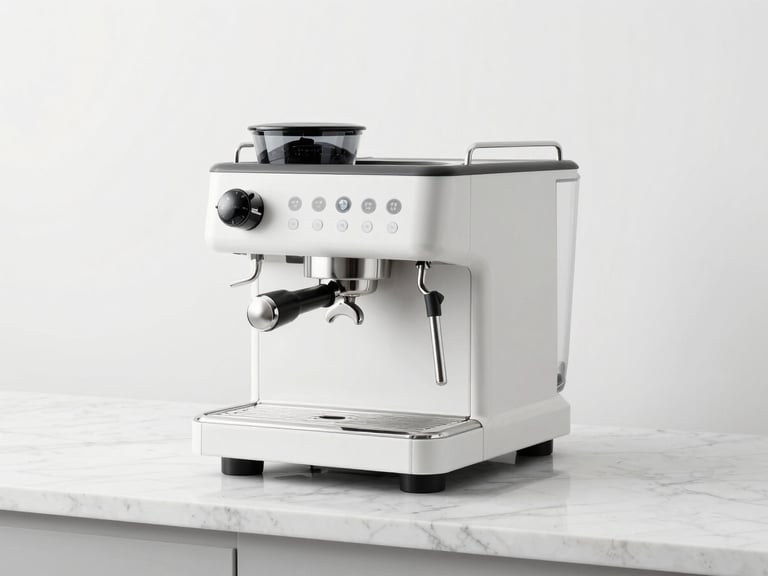 Sleek commercial espresso machine on a clean white marble counter, bright high-key studio lighting, minimalist composition, 50mm lens
