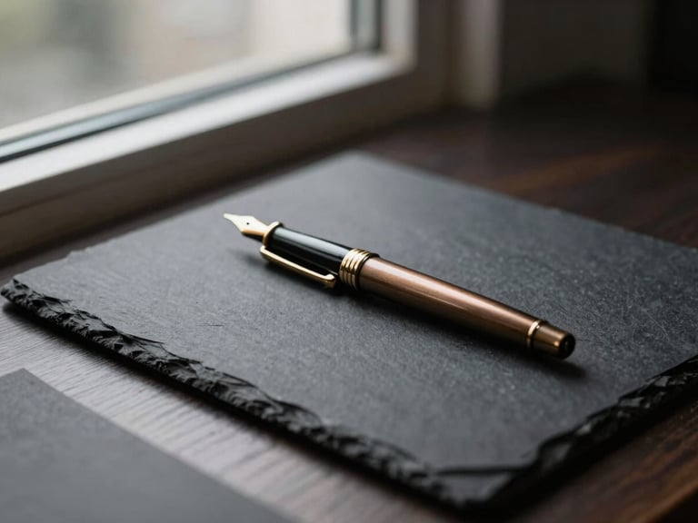 Close-up of high-quality corporate stationery on a dark slate desk, dramatic side window light, bronze fountain pen, shallow depth of field, 35mm