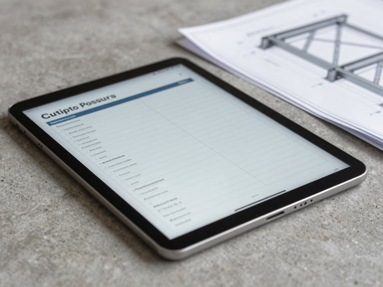 Close-up of a digital tablet on a clean concrete work surface displaying line-item construction estimates next to structural steel blueprints.