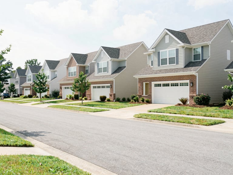 A bright, clean residential street in Chesapeake, Virginia, featuring modern suburban homes with manicured front yards under soft daylight