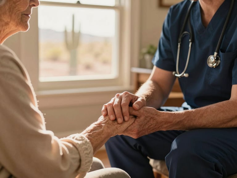 Warm editorial photography of an attentive caregiver holding the hand of an elderly woman in a sunlit Arizona living room, soft golden-hour window light, shallow depth of field, 35mm