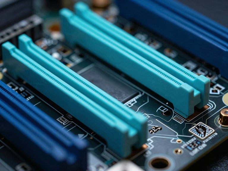 Macro shot of physical motherboard power delivery phases and copper heat sinks, low-key lighting, sharp cyan highlights