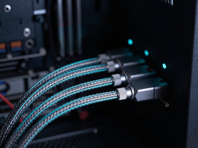 Close-up of neatly routed braided cables in a custom PC chassis, perfect cable management, moody directional light
