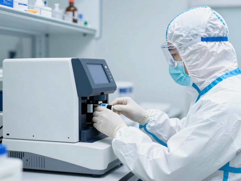 Precise mid-shot of a laboratory technician in clean protective gear operating a molecular diagnostic analyzer, bright sterile laboratory environment.