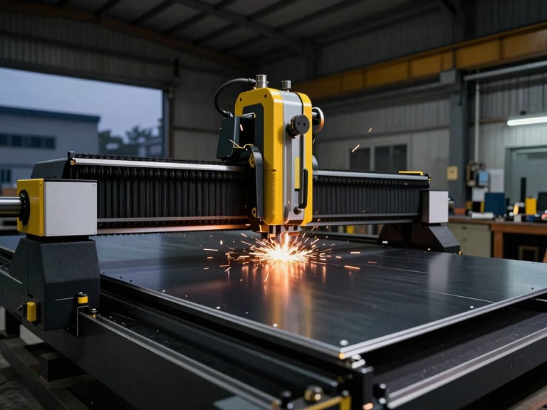 Industrial interior of a Bangalore workshop, CNC router cutting a clean edge on a black aluminum composite panel, sparks flying, high-contrast dramatic side lighting