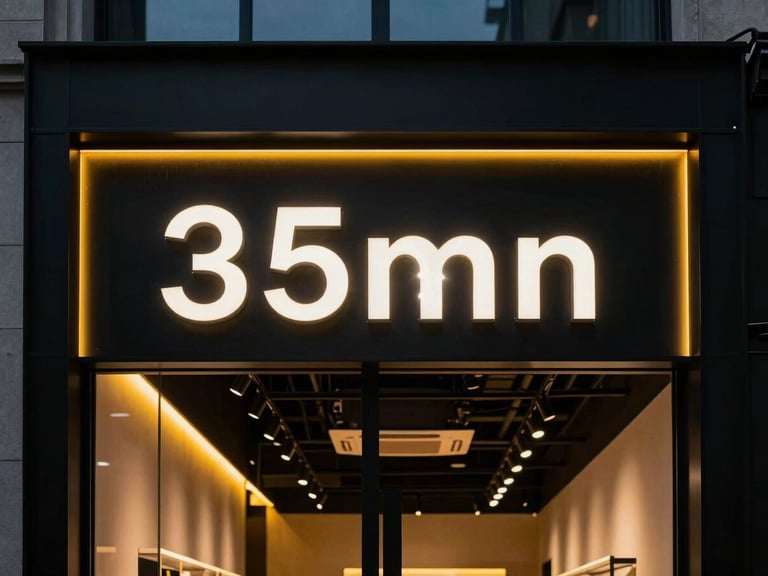 Straight-on elevation of a premium retail storefront featuring glowing 3D acrylic signage, dramatic high-contrast lighting, sharp architectural details