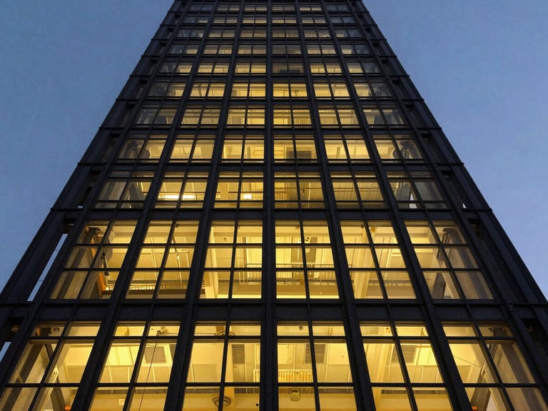 Low-angle architectural shot of a steel skyscraper facade in Bangalore, structural grid lines visible under dramatic twilight sky, sharp 35mm details