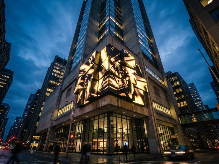 Low-angle heroic architectural photograph of a massive 3D LED sign board mounted on a modern concrete office building facade, dramatic twilight lighting, sharp details
