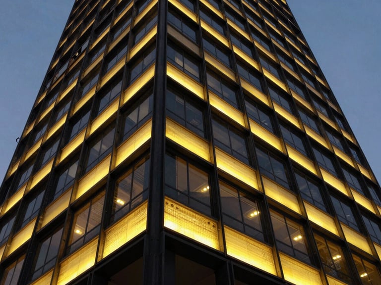 Low-angle heroic shot of a 40-meter corporate building facade in Bangalore, showcasing integrated yellow LED sign boards and structural steel framing at twilight