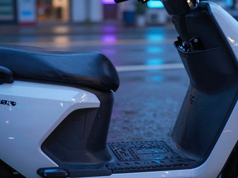 Extreme close-up of a premium leather seat and clean battery compartment of an electric scooter, subtle blue ambient lighting