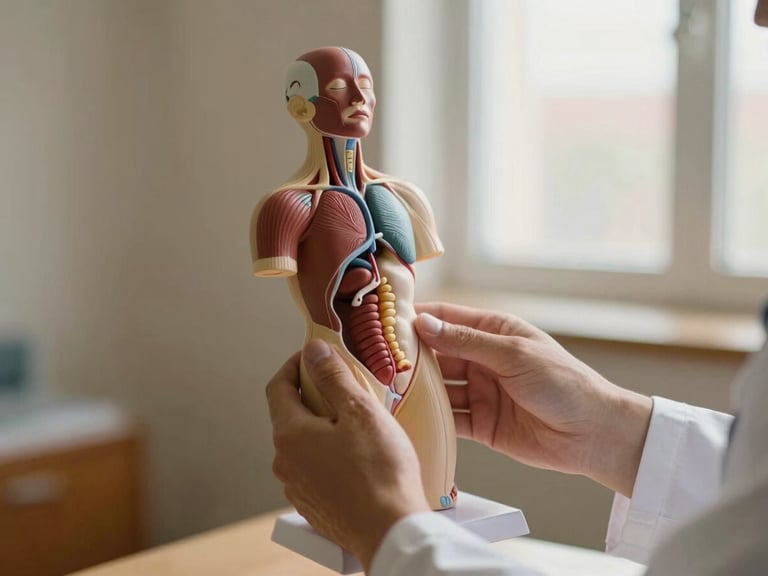 An editorial close-up of a physician's hands holding a clean anatomical model of the endocrine system, soft natural window light, warm sand tones, shallow depth of field