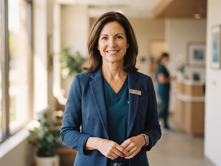 Professional portrait of Dr. Evelyn Vance, mid-shot, smiling confidently in a modern, naturally lit clinic setting, soft focus background.