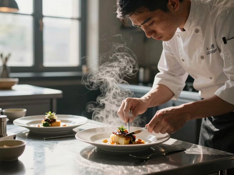 Candid environmental shot of a chef at the pass plating a dish, steam rising under soft natural window light, atmospheric kitchen background.