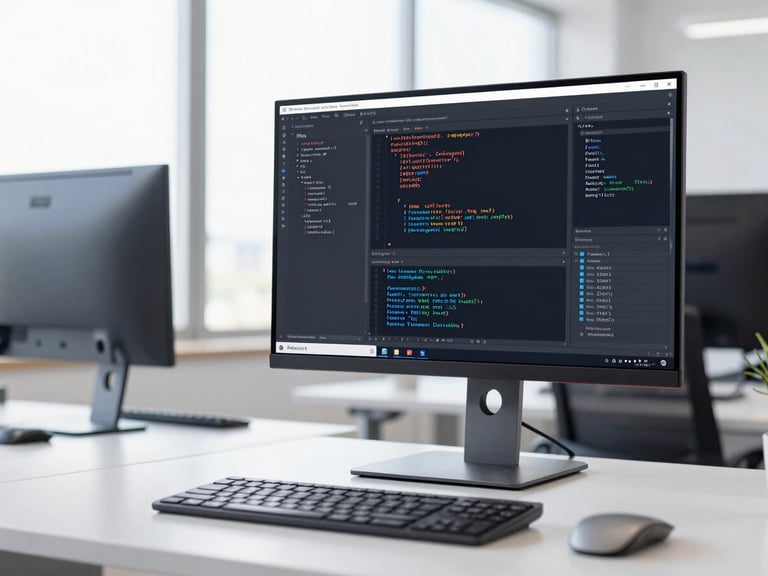 A clean developer workspace with a high-end monitor displaying complex React code editors, bright natural office light, subtle blue accents.